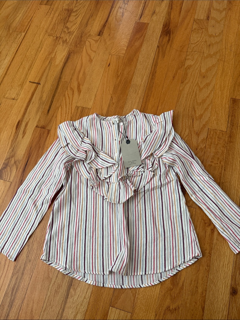 Zara Girls' White Button-Back Ruffle Top with Red & Blue Stripes